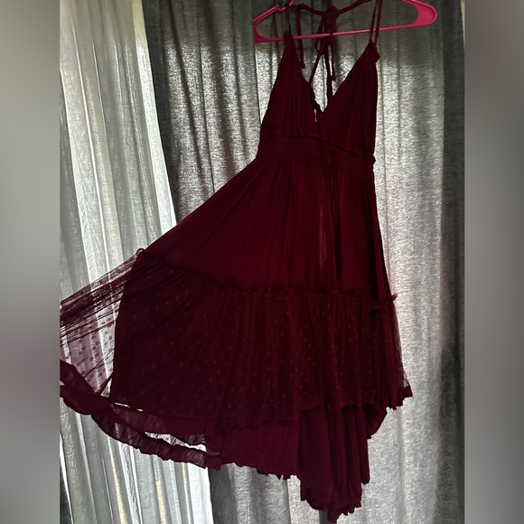 Burgundy Swiss Dot Mesh Boho Halter Mini Dress size Large - Picture 1 of 5